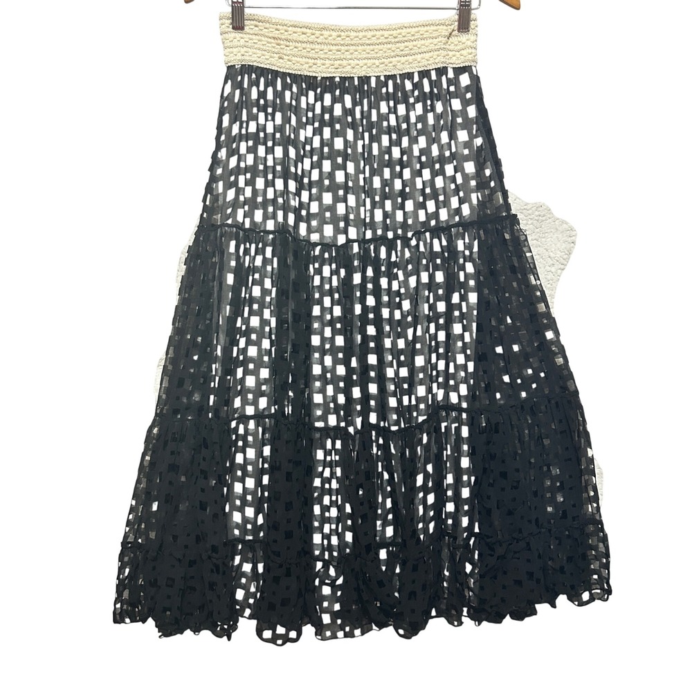 Kaktus Womens Maxi Skirt‎ M Sheer Grid Tiered Boho Indie Whimsigoth Parisian